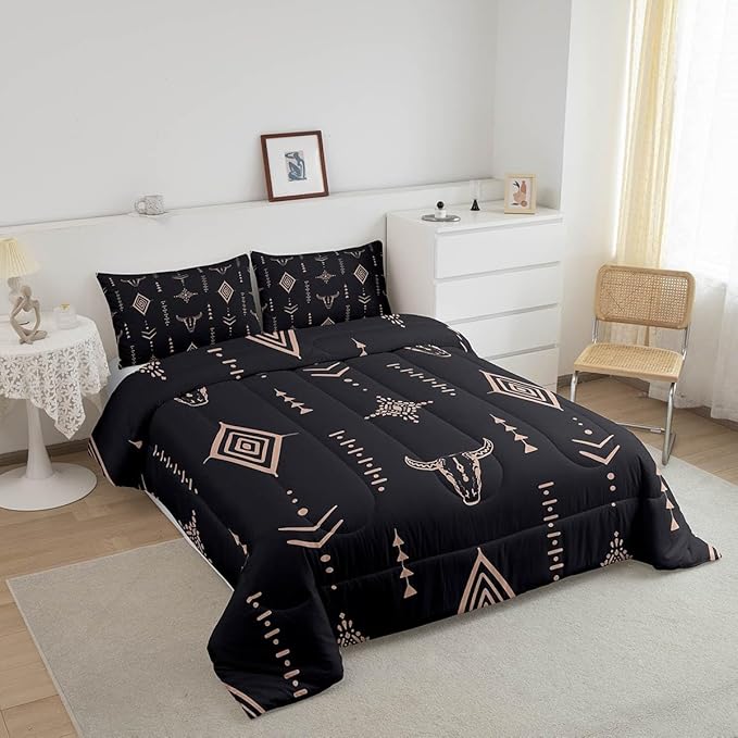 Bull Skull Comforter Set Twin Boho Bedding Ethnic Horns Bohemian Bedding Comforter Sets Black Brown Tribal Symbol Mysterious Aztec Bedroom Decor Abstract Geometric Duvet Insert for Men Boys