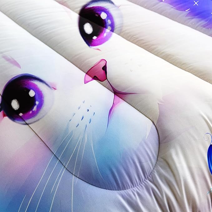 AILONEN Kids Cat Comforter Set Full Size,Butterfly Cute White Cat Bedding Set for Girls Boys,Purple Tint Duvet Set Cat Lovers 3 Pieces, 1 Quilt and 2 Pillowcases