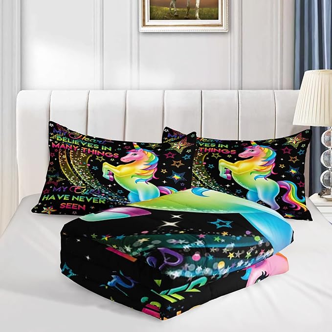 AILONEN Unicorn Comforter Set for Girls Kids Teens, Rainbow Unicorn Bedding Set Twin Size,Colorful Neon Unicorn Printed Quilted Duvet,Cartoon Quilt, Easy Care,1 Comforter 2 Pillowcases 3 Piece