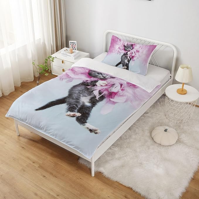 Yasida Twin Cat Bedding Set - Pink Feathers Black Cat 3Pcs (1 Comforter + 2 Pillowcases) Kids Animal Pets Comforter Set