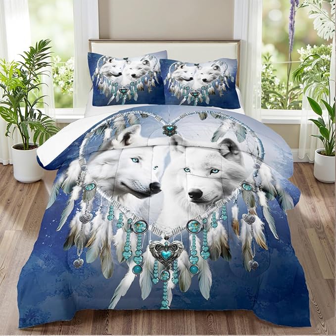 Dream Catcher Wolf Comforter Set Queen White Wolves Comforter Navy Blue Boho Bedding Set Wildlife Animal Bed Set for Adult Women Teen Kids Dreamcatcher Comforter with 2 Pillowcases