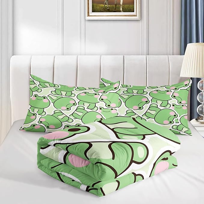AILONEN Frog Comforter Set, Cartoon Frog Bed in a Bag Bedding Set Full Size,Quilted Duvet for Teens Boys Kids Girls,1 Comforter 2 Pillowcases 3 Piece