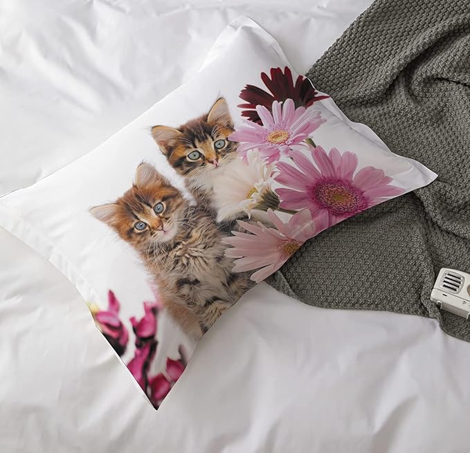Yasida Cat Comforter Set Queen Size for Kids Pink Flowers Cats 3Pcs Bedding Set for Boys and Girls (1 Comforter+ 2 Pillowcases) Lovely Animal Pets Duvet Set