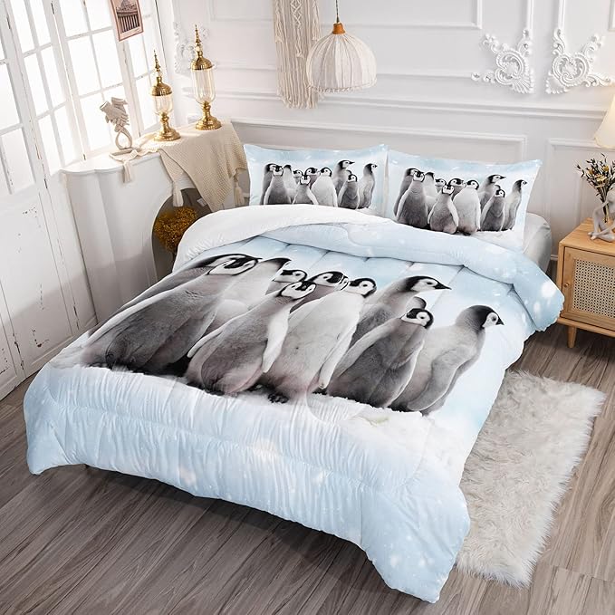 Bedding Comforter Set Penguin Snow Printed Pattern Quilt Bedding Set with 1 Comforter and 2 Pillowcases for Girls and Boys Bedroom All Season(Penguin Full)