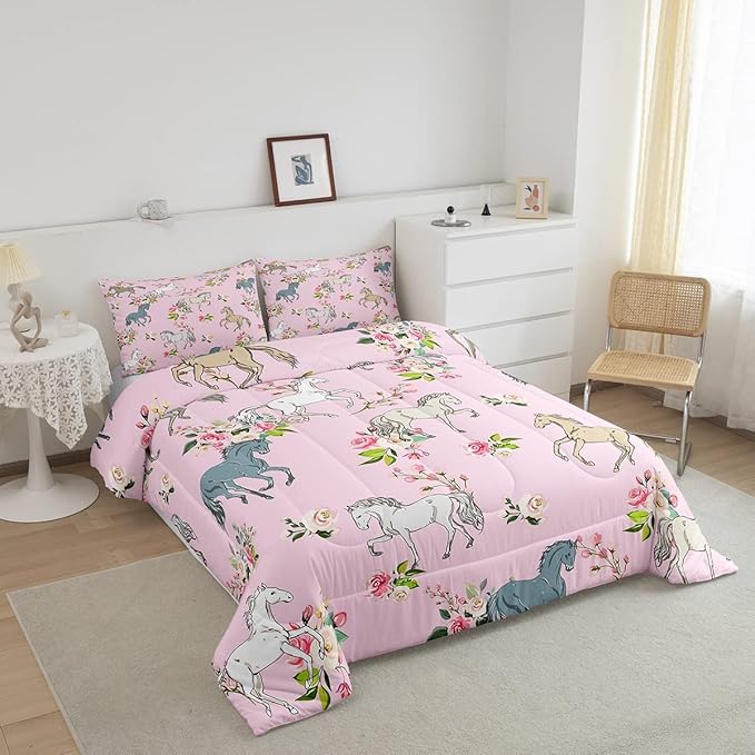 Erosebridal Horse Comforter Set Queen Rose Bedding Set for Girls Boys Kids Teens Western Cowboy Cowgirls Wild Animal Floral Down Comforter Cute Horses Flower Duvet Insert Lightweight, Pink