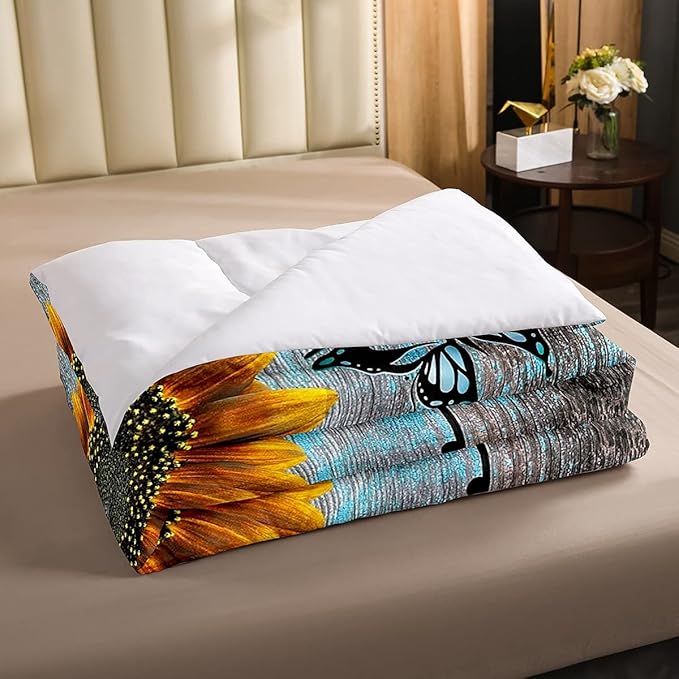 Yellow Sunflower Comforter Set Twin Size,Butterfly Bedding Set Rustic Farmhouse Wooden Board Down Comforter for Kids Girls Teens Women,Country Retro Floral Quilt Duvet Sets 2 Pillow Cases Blue Grey