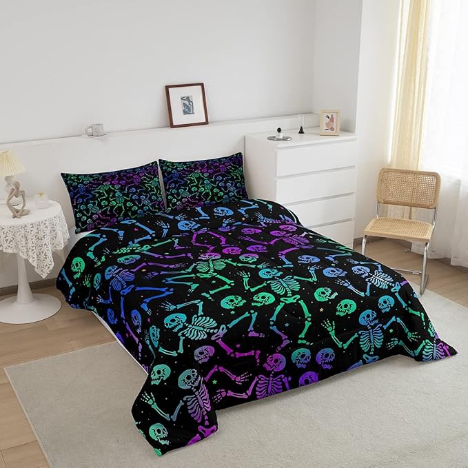 Erosebridal Sugar Skull Comforter Set Halloween Bedding Set Twin Size Green Blue Purple Ombre Down Comforter for Kids Boys Girls Skeleton Bones Quilted Duvet Warm Soft Horror Theme Bedroom Decor 2Pcs