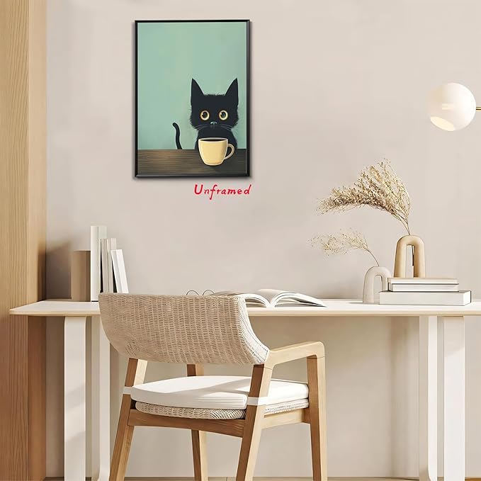 Yaneiro Fun Black Cat Wall Art Abstract Drinking Coffee Picture Cute Retro Black Cat Wall Decor Canvas Poster Print Suitable for Cafe Bar Living Room Restaurant Bedroom 12x16in Unframed