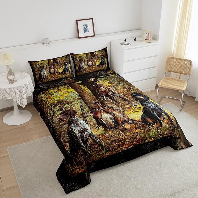 Erosebridal Pheasant Hunting Comforter Set Queen Size Black Dog Bedding Set Boho Farmhouse Wild Animals Down Comforter Woodland Leaves Hunter Gun Room Decor Quilt Set for Men Boys Adults Kid