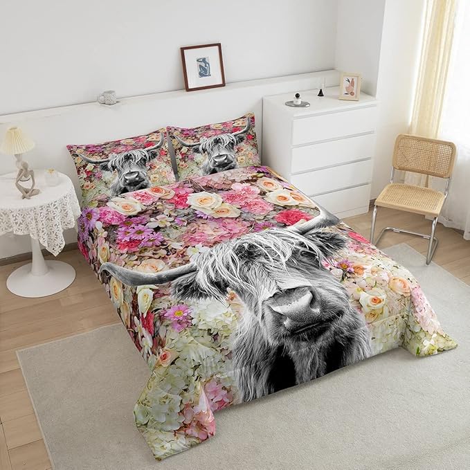 Erosebridal Highland Cow Comforter Set Queen Size Rose Flower Bedding Set for Kids Girls Boys Teens Adult Western Wild Animal Bull Cattle Down Comforter Funny Farmhouse Comforter Pink Grey