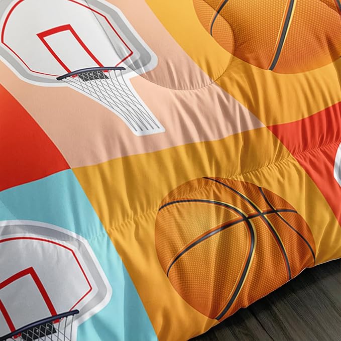 Basketball Comforter Kids Bedding Full Size,Sports Style Basketball Printing Bedding Set for Teens Boys Bedroom Decor,Ball Sports Games Comforter Set Soft Kids Bedding with 2 Pillowcases.