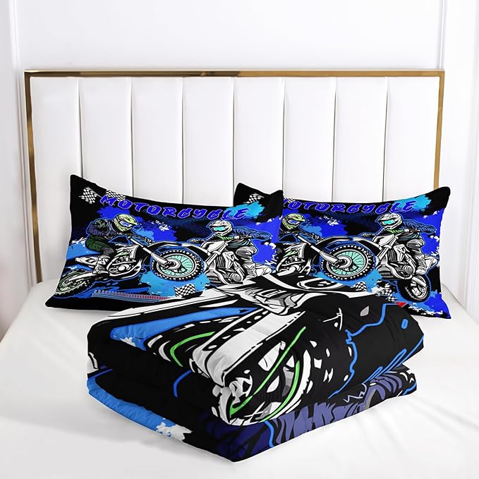 AILONEN Extreme Sport Dirt Bike Bedding Set for Kids Boys Men, Full Size Blue Black Motocross Comforter with 2 Pillowcases,3 Pieces