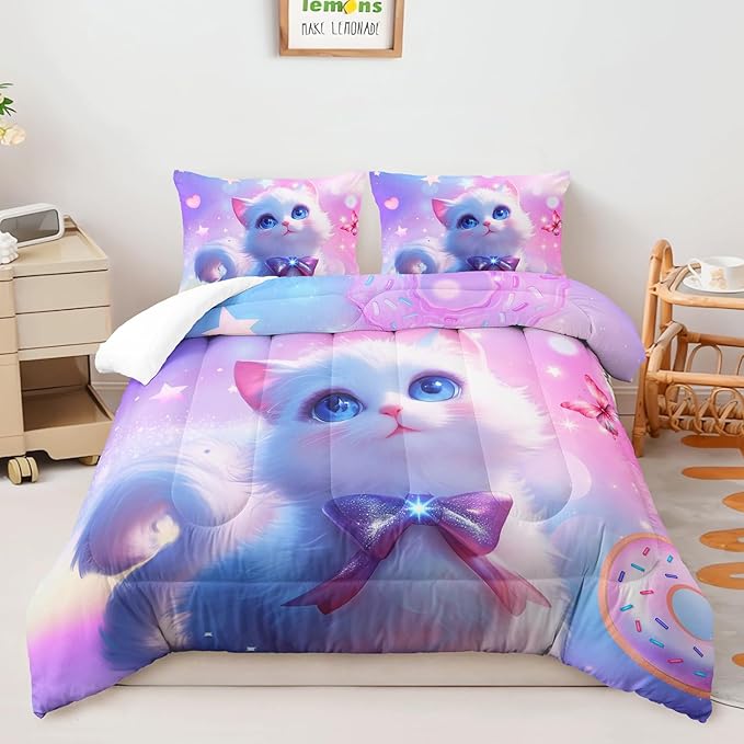 AILONEN Kids Cat Comforter Set Full Size,Kawaii Kitten Comforter for Girls,Colorful Rainbow Cat Bedding Set 3 Pieces,1 Comforter with 2 Pillowcases