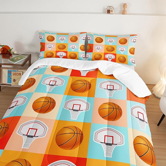 Basketball Comforter Kids Bedding Full Size,Sports Style Basketball Printing Bedding Set for Teens Boys Bedroom Decor,Ball Sports Games Comforter Set Soft Kids Bedding with 2 Pillowcases.