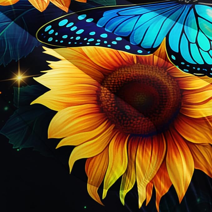 Yellow Sunflower Bedding Blue Butterfly Comforter 3Pcs Full Black Floral Botanical Pattern Quilt Set for Kid Teen Girl Boy Romantic Starlight Bed Decor Set with 1 Comforter and 2 Pillowcases