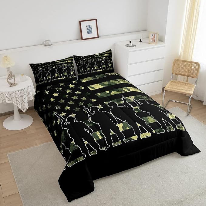 American Flag Comforter Set Queen for Boy Teen ArmyGreen Camouflage Down Comforter Adult Men Soldier Silhouettes Quilted Duvet Military Style Camo Bedding Comforters, 1 Comforter Set + 2 Pillowcases