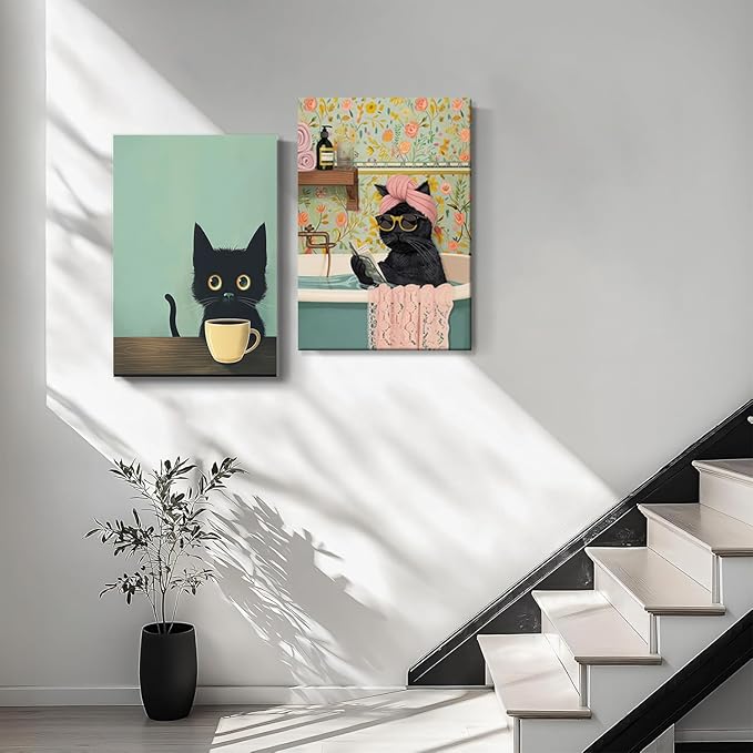 Yaneiro Funny Black Cat Bathroom Canvas Bathroom Wall Art Framed Cute Cat Prints Pictures Posters Wall Decor for Living Room Bedroom Toilet Kids Room Wall Paintings 12x16 in