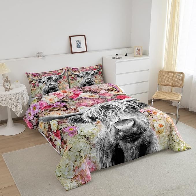 Erosebridal Highland Cow Comforter Set Queen Size Rose Flower Bedding Set for Kids Girls Boys Teens Adult Western Wild Animal Bull Cattle Down Comforter Funny Farmhouse Comforter Pink Grey