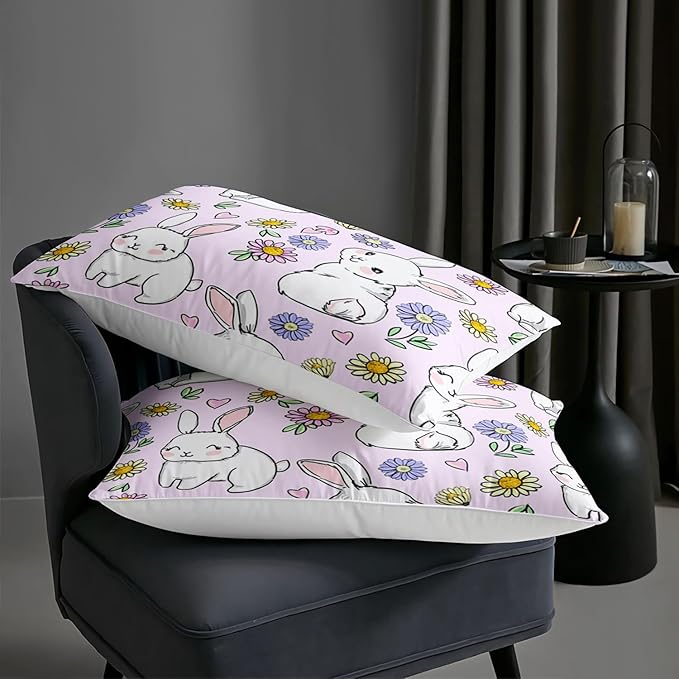 AILONEN Rabbit Comforter Set Twin Size, Cute Bunny Bedding Set,Girls Kids Kawaii Comforter Set,Colorful Daisy Floral Duvet Set 3 Pieces, 1 Quilt and 2 Pillowcases