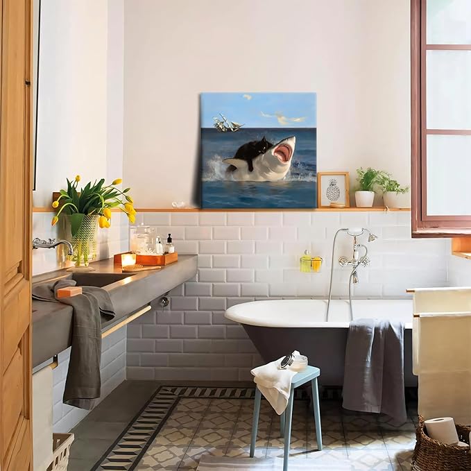 Yaneiro Framed Black Cat Wall Art, Funny Quirky Cat and Shark Pictures Canvas Print, Abstract Black Cat Shark Posters Wall Decor for Room Bedroom Living Room Bathroom 20x20 inch