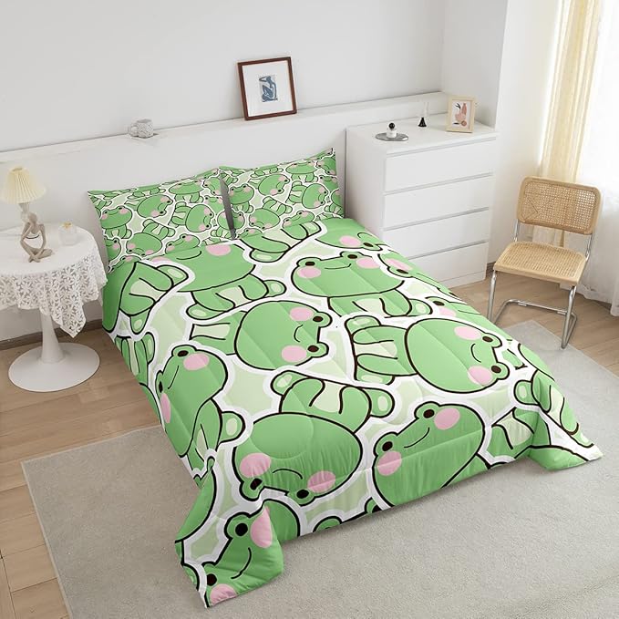 Frogs Comforter Set Full Size, Cartoon Frog Bedding Set For Kids Boys Girls Teens, Kawaii Green Wild Animals Farmhouse Down Comforter, Cute Wildlife Rustic Funny Duvet Set 2 Pillow Cases Room Decor