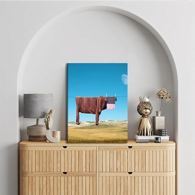 Yaneiro Framed Abstract Highland Cow Canvas Wall Art 12x16 in Highland Cow Bathroom Wall Posters Prints Pictures Decor Vintage Nature Landscape Living Room Wall Decor Kitchen Bedroom Modern Home Decor