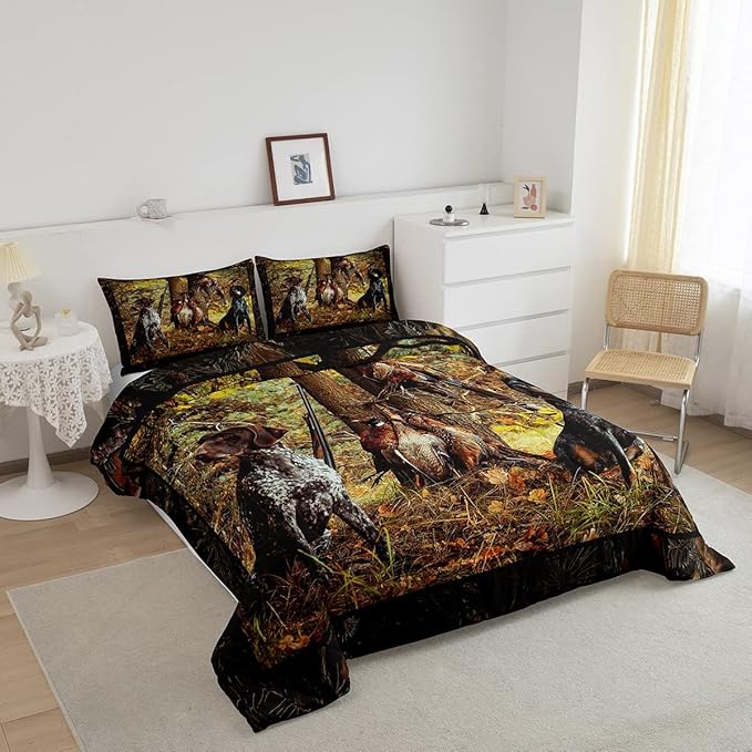 Erosebridal Pheasant Hunting Comforter Set Queen Size Black Dog Bedding Set Boho Farmhouse Wild Animals Down Comforter Woodland Leaves Hunter Gun Room Decor Quilt Set for Men Boys Adults Kid