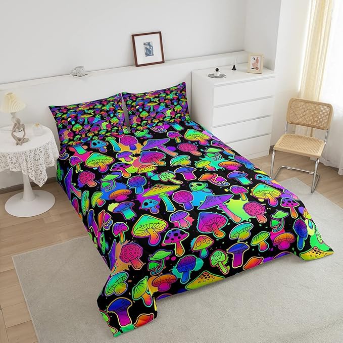 Erosebridal Mushroom Comforter Set Queen Cute Mushroom Comforter for Kids Girls Boys Trippy Cartoon Tie Dye Bedding Sets Teal Purple Neon Ombre Down Comforter Wild Colorful Botanical Quilt Set