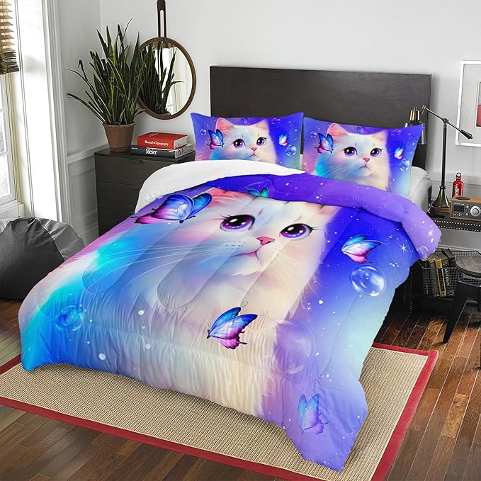 AILONEN Kids Cat Comforter Set Full Size,Butterfly Cute White Cat Bedding Set for Girls Boys,Purple Tint Duvet Set Cat Lovers 3 Pieces, 1 Quilt and 2 Pillowcases