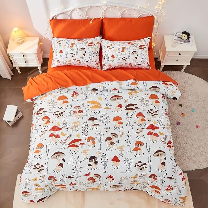 7 Piece Mushroom Comforter Set Twin Size,Plant Wild Mushroom Comforter with Sheet Set Bed in A Bag for Kids Boys Girls,Twin(1 Comforter, 1 Flat Sheet, 1 Fitted Sheet, 4 Pillowcases)