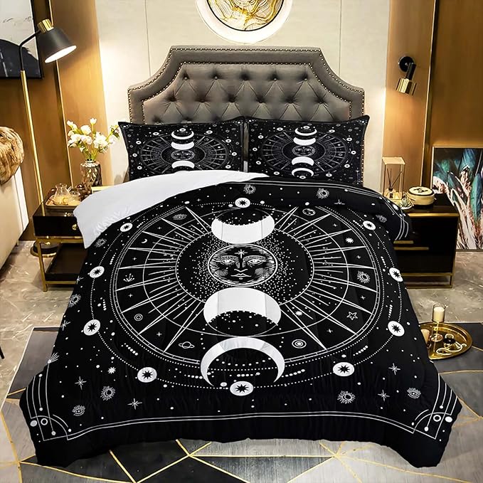 AILONEN Sun and Moon Comforter Set for Teens Boys Kids Girls, Galaxy Astrology Bedding Set Queen Size,Bohemian Sun Moon Quilted Duvet,Galaxy Quilt,1 Comforter 2 Pillowcases 3 Piece