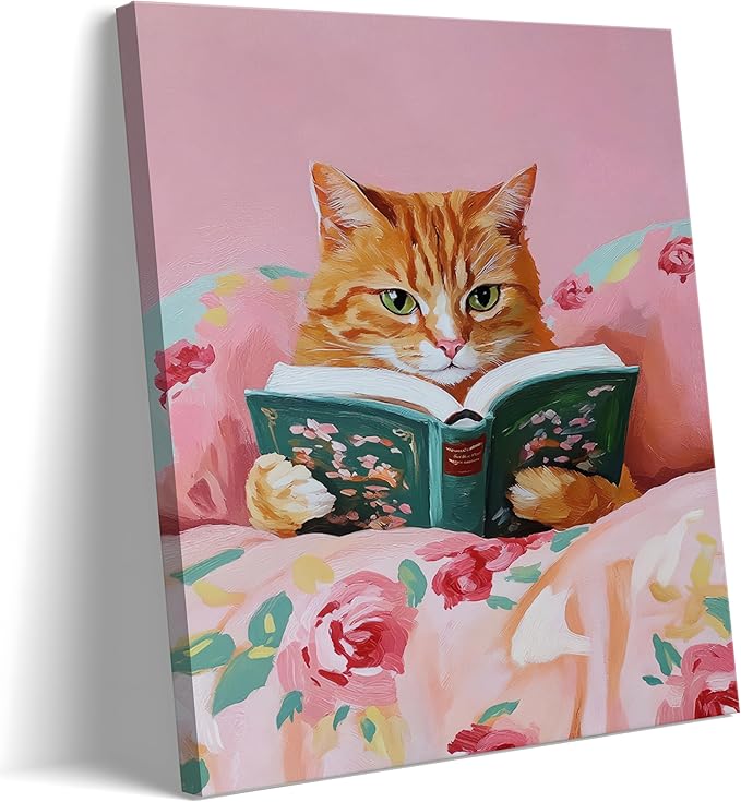 Yaneiro Framed Vintage Cats Canvas Wall Art, Funny Animal Reading Books Poster Printing Pictures, Pink Cute Cat Lovers Wall Decor for Girls Room Bedroom Kids Room Living Room Bathroom 16x24 in