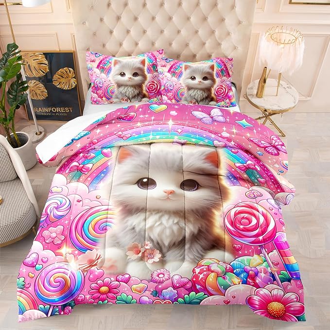 AILONEN Cute Cat Kitten Kids Comforter Set Twin Size,Rainbow Bedding Set,Fairy Butterfly Cartoon Pink Comforter with 2 Pillowcases,Teen Girls Kawaii Comforter Set 3 Pieces