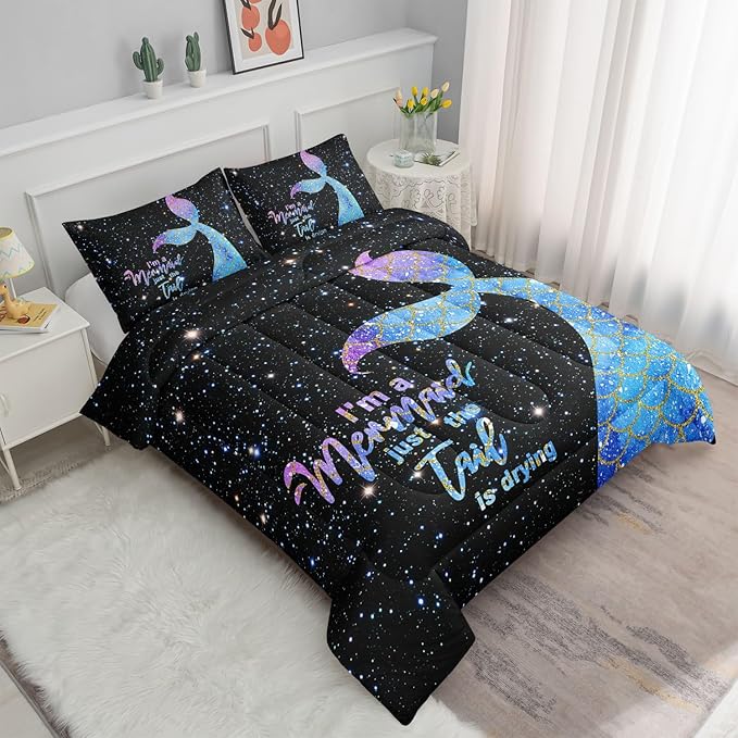 Bedding Comforter Set Black Starry Sky Mermaid Printed Pattern Quilt with 1 and 2 Pillowcases for Girls Bedroom All Season(Black Queen) Queen 90x90inches