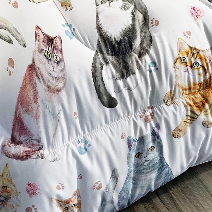 AILONEN Watercolor Cat Print Bedding Set Full Size with Cats and Footprints Comforter Set for Boys Girls, Soft Breathable White Tint Duvet Set 3 Pieces, 1 Quilt and 2 Pillowcases