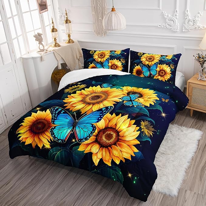 Yellow Sunflower Bedding Blue Butterfly Comforter 3Pcs Full Black Floral Botanical Pattern Quilt Set for Kid Teen Girl Boy Romantic Starlight Bed Decor Set with 1 Comforter and 2 Pillowcases