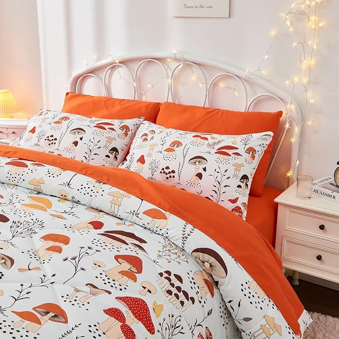 7 Piece Mushroom Comforter Set Full Size,Plant Wild Mushroom Comforter with Sheet Set Bed in A Bag for Kids Boys Girls,Full(1 Comforter, 1 Flat Sheet, 1 Fitted Sheet, 4 Pillowcases)