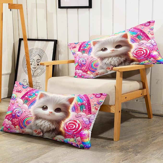 AILONEN Cute Cat Kitten Kids Comforter Set Full Size,Rainbow Bedding Set,Fairy Butterfly Cartoon Pink Comforter with 2 Pillowcases,Teen Girls Kawaii Comforter Set 3 Pieces