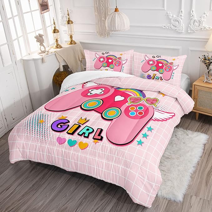 Bedding Comforter Set Pink Gamepad Printed Pattern Quilt with 1 and 2 Pillowcases for Girls Bedroom All Season(Pink Twin) Twin 68x86inches