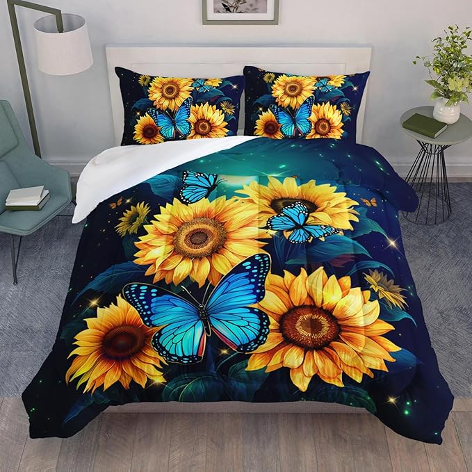Yellow Sunflower Bedding Blue Butterfly Comforter 3Pcs Queen Black Floral Botanical Pattern Quilt Set for Kid Teen Girl Boy Romantic Starlight Bed Decor Set with 1 Comforter and 2 Pillowcases