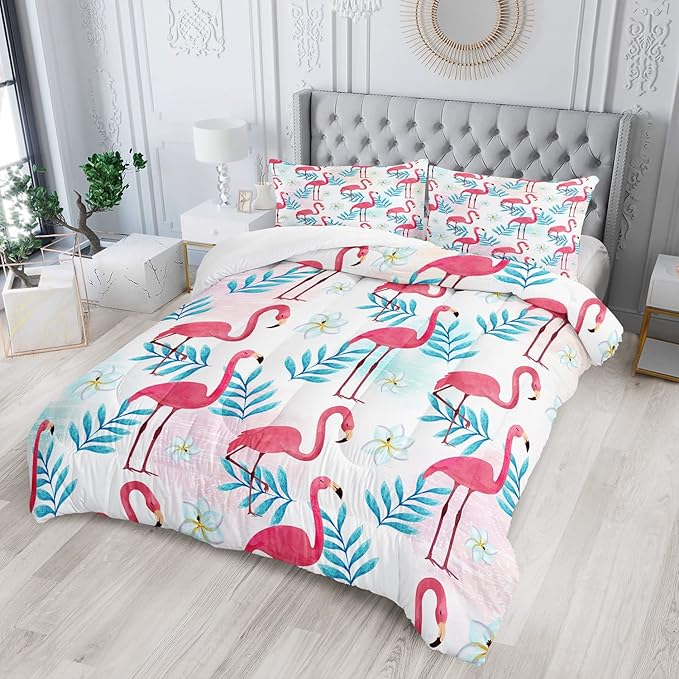 AILONEN Flamingo Comforter Set for Girls Kids, Tropical Flamingo Pattern Bedding Set Full Size,Superior Quilt Ultra Soft,3 Piece 1 Comforter and 2 Pillowcases,Microfiber Fabric