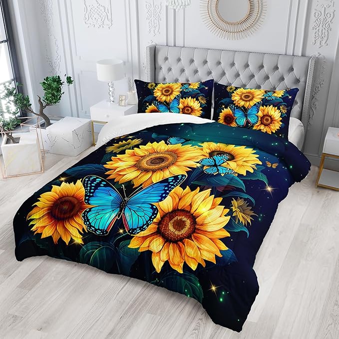 Yellow Sunflower Bedding Blue Butterfly Comforter 3Pcs Twin Black Floral Botanical Pattern Quilt Set for Kid Teen Girl Boy Romantic Starlight Bed Decor Set with 1 Comforter and 2 Pillowcases