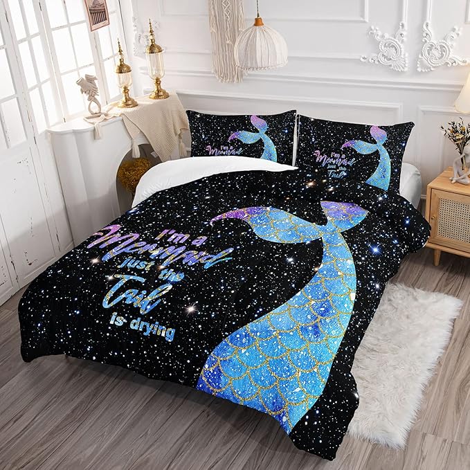Bedding Comforter Set Black Starry Sky Mermaid Printed Pattern Quilt with 1 and 2 Pillowcases for Girls Bedroom All Season(Black Queen) Queen 90x90inches
