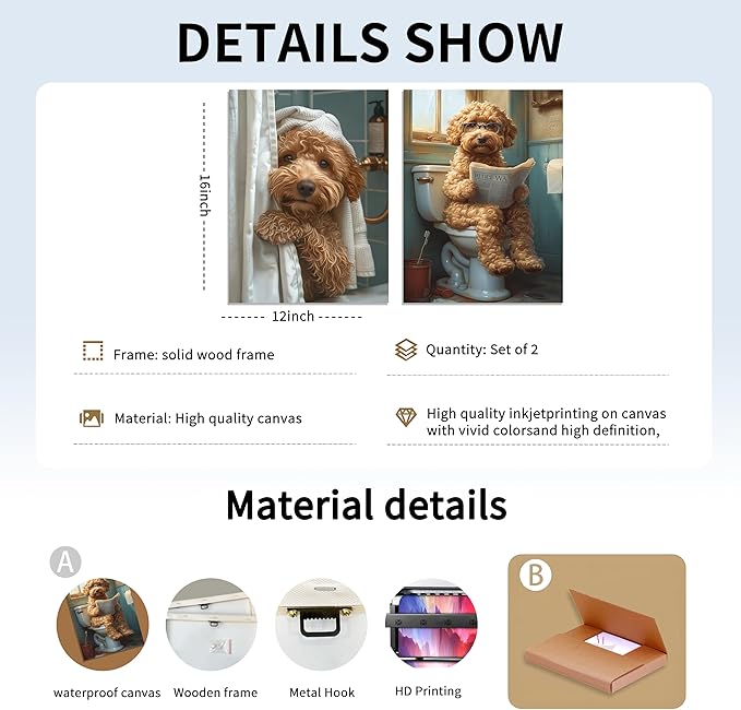 Yaneiro Funny Bathroom Canvas Wall Art-Set of 2 Poodle On Toilet Reading Newspaper Wall Decor Goldendoodle In Shower Humor Animal Poster Picture for Dog Lovers Restroom Ideas Decor 12x16 Inch Framed