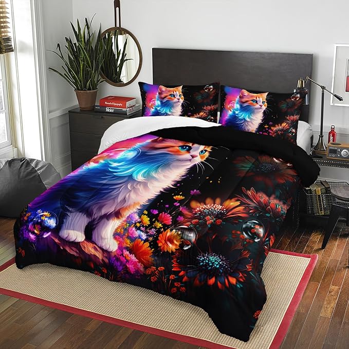 AILONEN Girls Cat Comforter Set Twin Size, Cute Orange Cat Kawaii Bedding Set for Kids Boys,Botanical Floral Daisy Duvet Set 3 Pieces, 1 Quilt and 2 Pillowcases