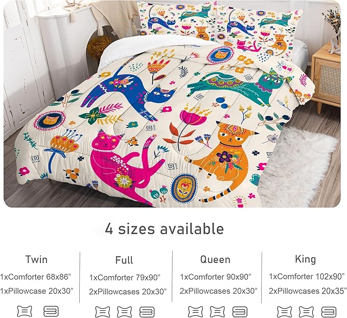 Cat Comforter Set Queen: Cute Floral Cats Queen Bedding Sets for Girls Kids Teens Women Cartoon Flowers Kawaii Animals Print Quilt Duvet Bed Set with 1 Comforter & 2 Pillowcases