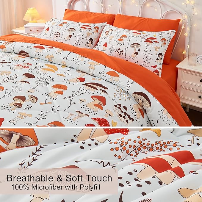 7 Piece Mushroom Comforter Set Twin Size,Plant Wild Mushroom Comforter with Sheet Set Bed in A Bag for Kids Boys Girls,Twin(1 Comforter, 1 Flat Sheet, 1 Fitted Sheet, 4 Pillowcases)