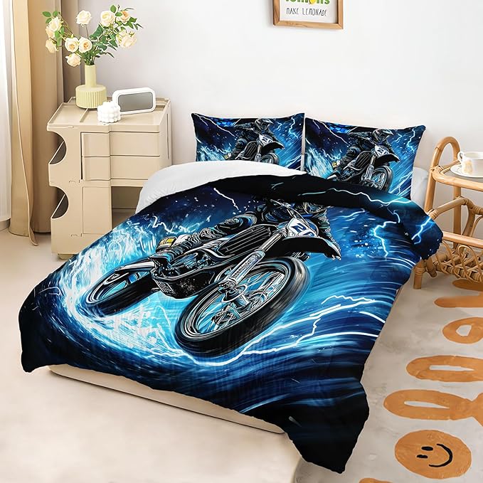 AILONEN Boys Extreme Sport Dirt Bike Bedding Set Twin Size, 3-Piece Blue Black Speed Motocross Comforter with 2 Pillowcases for Kids Men