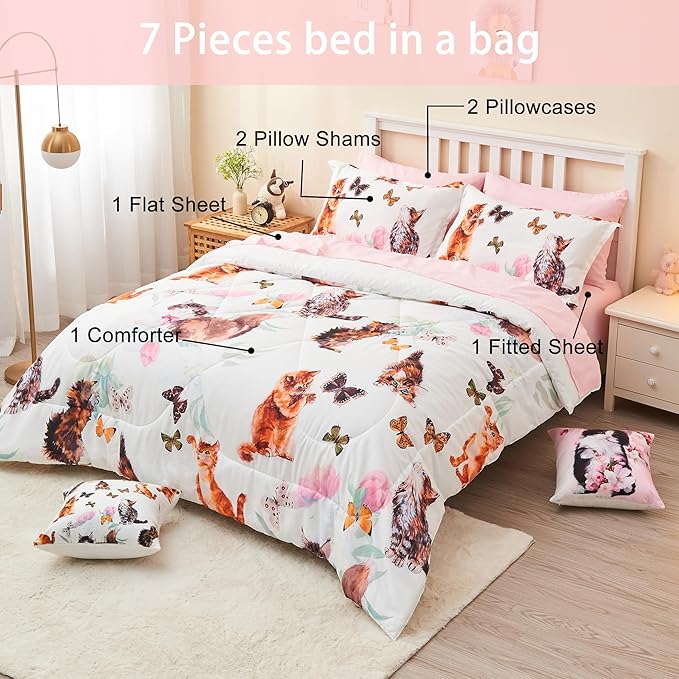 7 Piece Cat Comforter Set Full Size,Kids Girls Bed in A Bag Cute Kitty Butterfly and Flowers Comforter Set for All Season(1 Comforter,2 Pillow Shams,1 Flat Sheet,1 Fitted Sheet,2 Pillowcases)