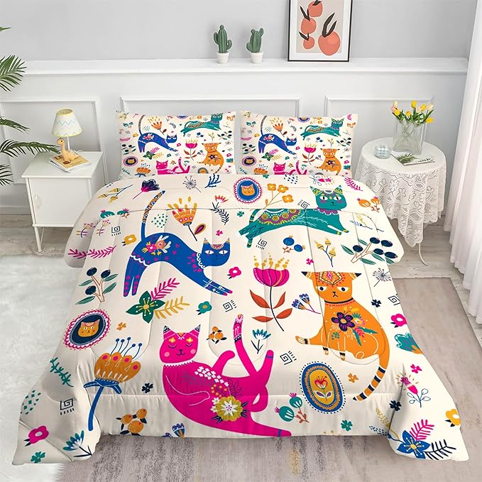 Cat Comforter Set Queen: Cute Floral Cats Queen Bedding Sets for Girls Kids Teens Women Cartoon Flowers Kawaii Animals Print Quilt Duvet Bed Set with 1 Comforter & 2 Pillowcases